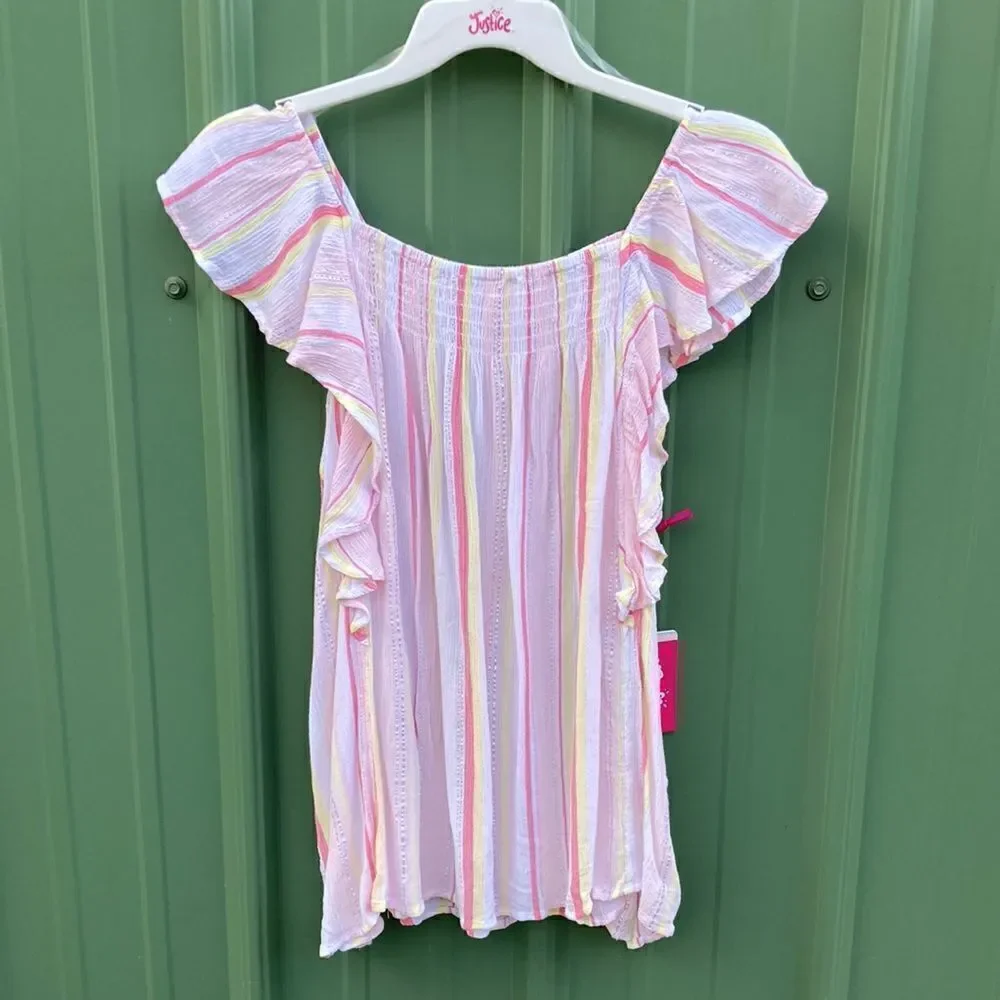 Justice Girl's Ruffle Strap Flowy, Knit Lace Up Babydoll & Bandana Top 16 XLP